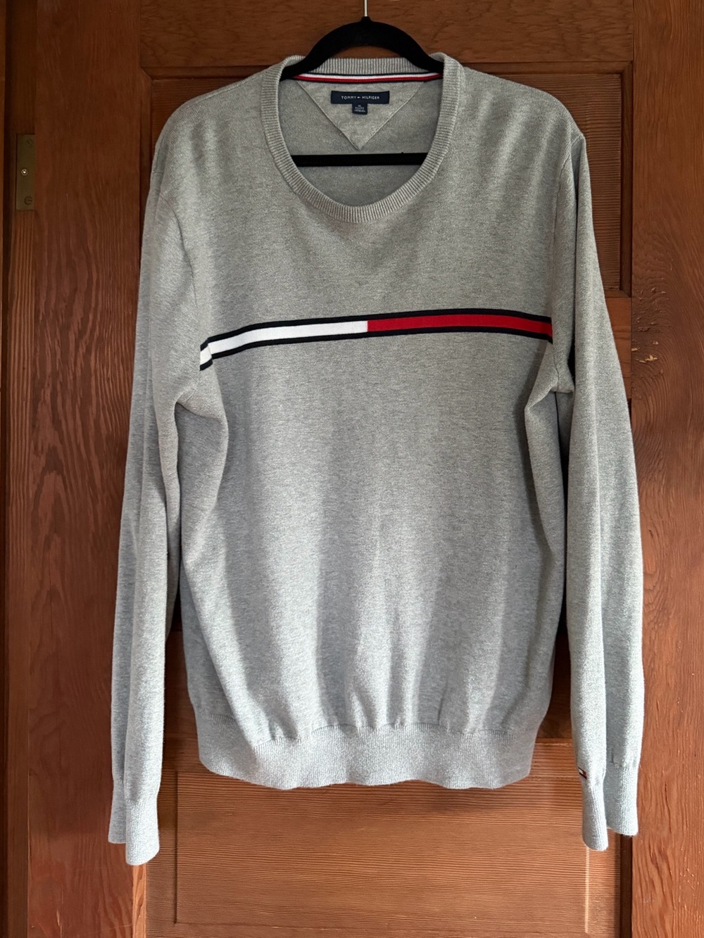 Vintage Tommy Hilfiger Men's Gray Crewneck Sweater Red & White Stripe Size XL